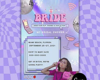Y2K Retro Bridal Shower Invitation | Flip Phone Theme | Canva Editable Template