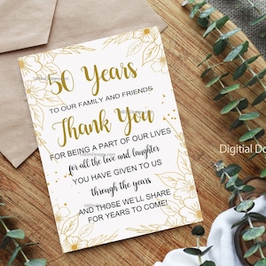 Tarjeta de agradecimiento del 50 aniversario, descarga instantánea, tarjeta digital Aniversario de oro gracias