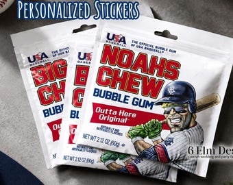 Personalized Big League Chew Stickers, Baseball Birthday Favor Stickers, Bubble Gum Bag Labels, Custom Baseball Team Party Favor, Sports