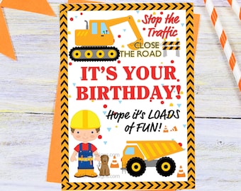 Construction Birthday Card, Instant Download, Digital Card for Little Boy Birthday with Dumptruck and Excavator