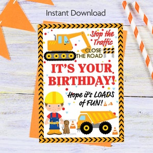 Bouw verjaardagskaart, Instant Download, digitale kaart voor kleine jongen verjaardag met dumptruck en graafmachine