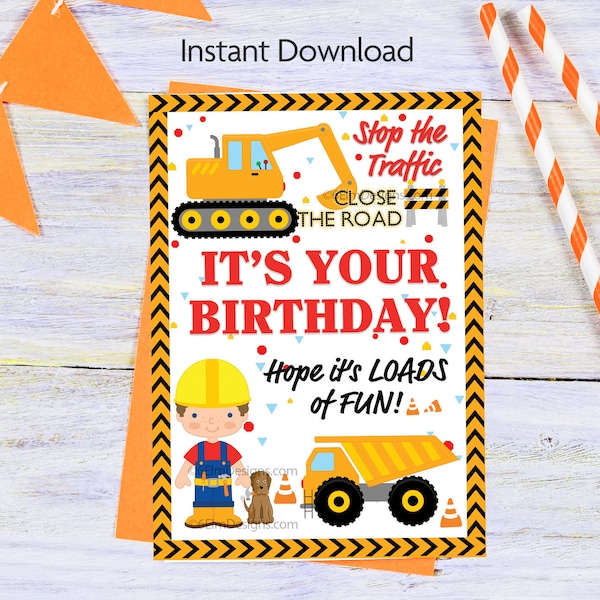 Construction Birthday Card, Instant Download, Digital Card for Little Boy Birthday with Dumptruck and Excavator