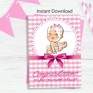 Tarjeta de felicitación imprimible para niña, Felicitaciones, nuevo bebé, tarjeta de niña dulce de guingán rosa