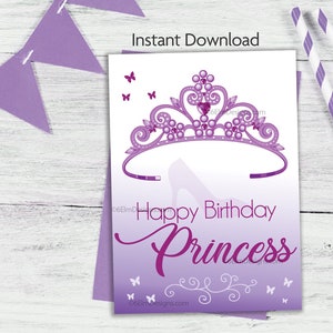Druckbare Happy Birthday Prinzessin Grußkarte Tiara Lila, Enkelin Geburtstag, kleines Mädchen Geburtstagskarte