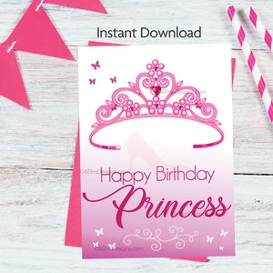 Imprimable Joyeux Anniversaire Princesse Carte De Voeux Diadème Rose, Anniversaire De Petite-fille, Carte D'anniversaire De Petite Fille