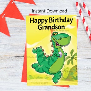 Carte imprimable de téléchargement instantané de petit-fils de dinosaure de joyeux anniversaire