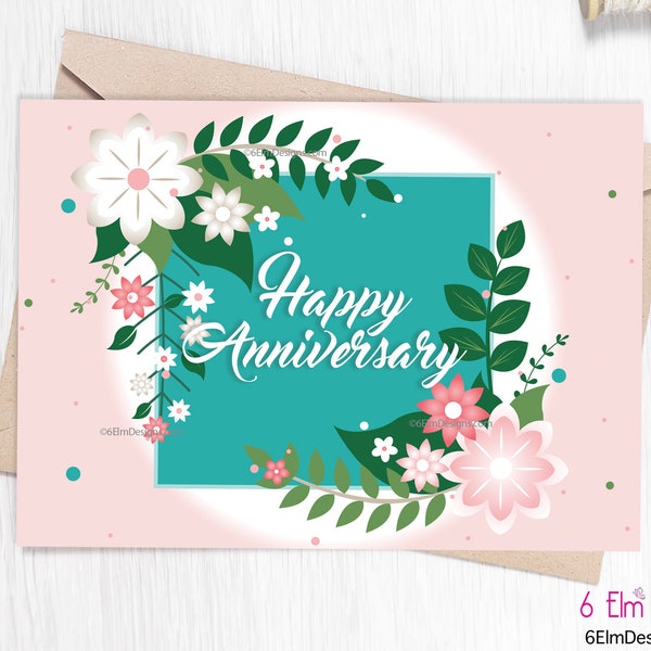 Instant Happy Anniversary Greeting Card Floral, Downloadable Anniversary Card for a Special Couple, Print at home Anniversary Card