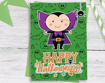 Printable Happy Halloween Vampire Greeting Card, Downloadable Halloween Card for a Kid, Print at home Halloween child Card