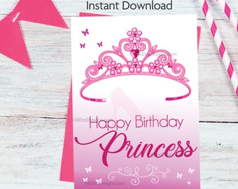 Printable Happy Birthday Princess Greeting Card Tiara Pink, Granddaughter Birthday, Little Girl Birthday Card