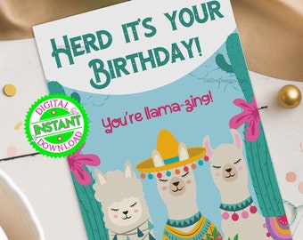 Llama Birthday Card – "Herd It's Your Birthday" (Digital Download)