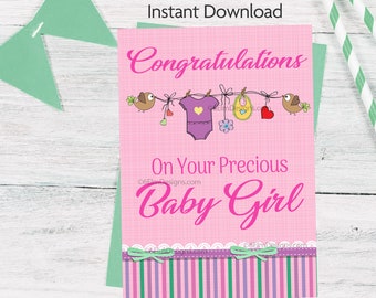 Printable Baby Girl Greeting Card Congratulations New Baby