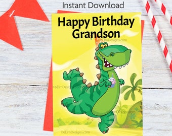 Printable Happy Birthday Grandson Dinosaur Instant Download Card