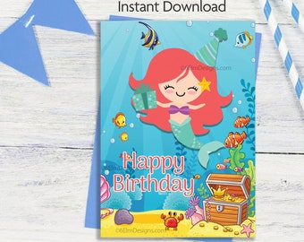 Printable Mermaid Happy Birthday Greeting Card Granddaughter Birthday