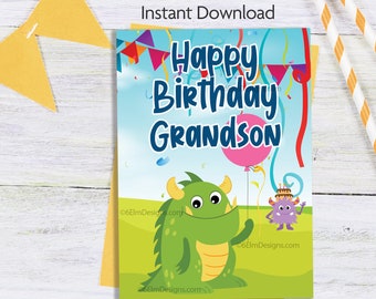 Printable Happy Birthday Grandson Little Monster Instant Download Card