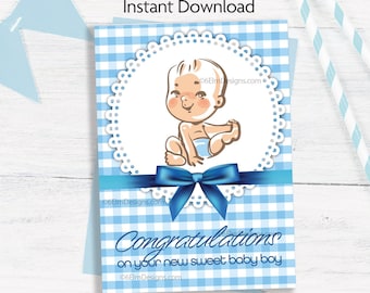 Printable Baby Boy Greeting Card Congratulations New Baby Blue Gingham Baby Card