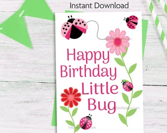 Printable Happy Birthday Little Bug Greeting Card Lady Bug, Granddaughter Birthday, Little Girl Birthday Card