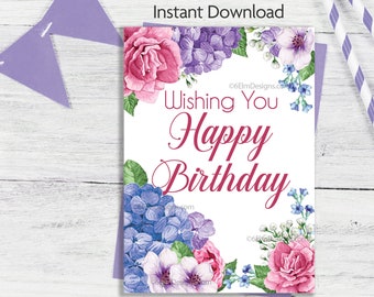 Printable Happy Birthday Flowers Instant Download Floral Birthday Card