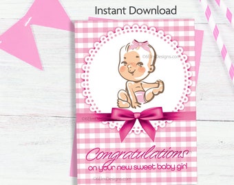 Printable Baby Girl Greeting Card Congratulations New Baby Pink Gingham Sweet Baby Girl Card