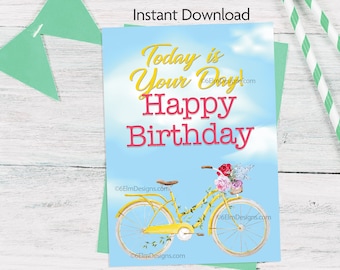 Printable Happy Birthday Bicycle Cheerful Instant Downloadable Birthday Card