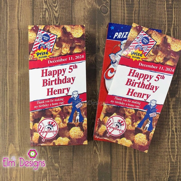 Cracker Jack Labels, Custom Cracker Jack Stickers for Birthdays, Baseball Cracker Jacks, Team Snack Day