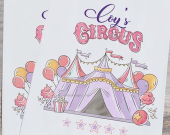 May include: White paper party favor bags with a pink and purple circus theme. The bags feature a cartoon illustration of a circus tent, balloons, popcorn, and cotton candy. The text "Loy's Circus" is written in purple and pink lettering.