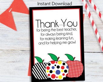 Instant Teacher Appreciation Day Greeting Card, Downloadable End of School Year Card for a Teacher Apples