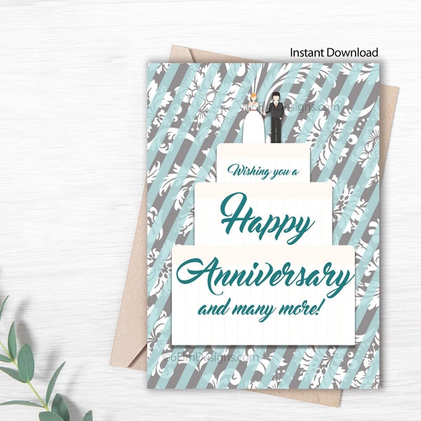 Instant Happy Anniversary Wedding Cake Greeting Card, Downloadable Anniversary Card for a Special Couple, Print at Home Anniversary Card