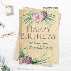 Printable Happy Birthday Succulents Instant Downloadable Birthday Card