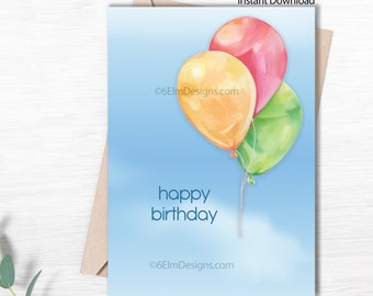 Printable Happy Birthday Balloons Instant Downloadable Birthday Card