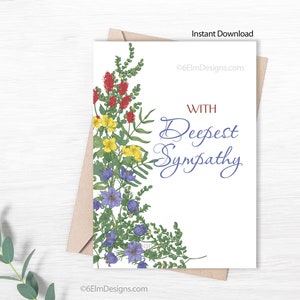 Carte de sympathie imprimable avec des fleurs, carte de voeux de sympathie de téléchargement instantané Carte de condoléances