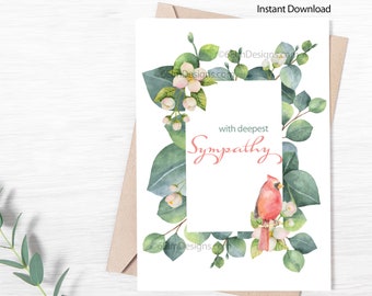 Printable Sympathy Card with Cardinal, Instant Download Sympathy Greeting Card Condolence Card