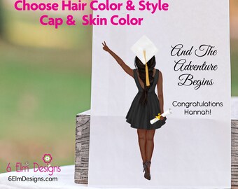 And The Adventure Begins, Girl Class of 2026 Personalized Favor Bags Custom Hair, Cap and Skin Color