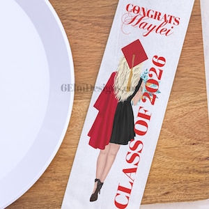 Class of 2026 Graduation Silverware Bags Pouches, Graduation Silverware Wrapper Custom Colors names and Blonde Girl Black Dress