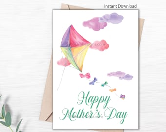 Printable Mothers Day Card, Watercolor Kite Happy Mother's Day, Instant Downloadable Mother's Day Card