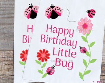 May include: Two white paper bags with pink and black ladybug designs and the text "Happy Birthday Little Bug".