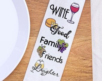 Wine, Food, Family, Friends and Laughter Silverware Bags Utensil Flatware Bags, Girls Night Decor, Wine and Cheese Silverware Bags
