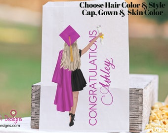 Graduation Congratulations Girl Class of 2025 Personalized Favor Bags for Popcorn or Candy Bars Customized Hair, Cap and  Skin Color
