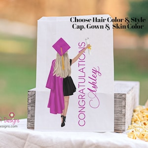 Graduation Congratulations Girl Class of 2024 Personalized Favor Bags for Popcorn or Candy Bars Customized Hair, Cap and  Skin Color