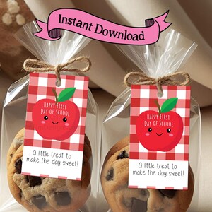 May include: Two clear cellophane bags tied with twine, each containing a chocolate chip cookie and a tag. The tags have a red and white checkered pattern with a smiling apple graphic and the text "Happy First Day of School". The text "Instant Download" is on a pink banner.
