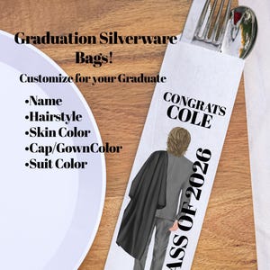 Class of 2026 Boy Graduation Party Silverware Utensil Flatware Bags Pouches, Custom Colors Names and Skintone