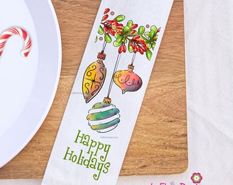 Happy Holidays Ornaments Silverware Bags, Christmas Utensil Holders, Christmas Flatware Bags, Christmas Silverware Pouches