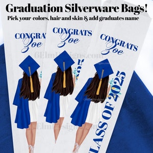 Class of 2025 Girl Graduation Party Silverware Utensil Flatware Bags Pouches, Custom Colors names and skintone