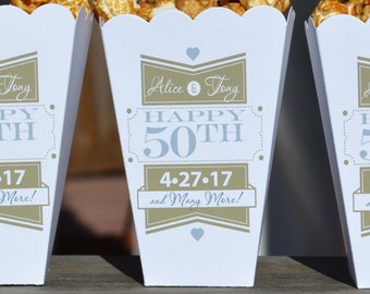 50th Wedding Golden Anniversary Party Popcorn Bar Boxes with Names and Date