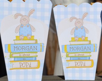 Bunny About to Pop Popcorn Boxes for Baby Boy, Gingham with Books Popcorn Box Baby Shower Favor, Popcorn Bar, Baby Boy Favor