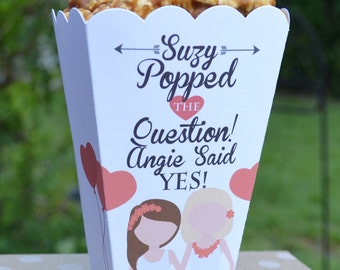 Same Sex Female Popped the Question Engagement Party Popcorn Box Favors