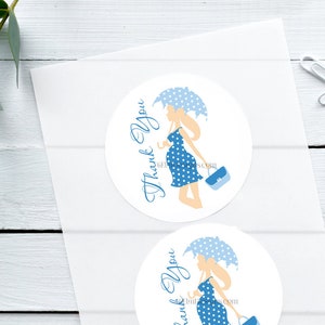 Thank You Baby Shower Stickers, Blue Pregnant Girl with Umbrella, Goodie Bag Stickers, It&#39;s a Boy Decor