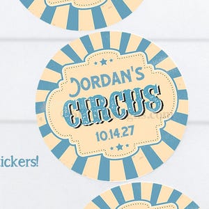 Blue Circus Stickers, Personalized Birthday Party Favors, 2" Glossy Labels