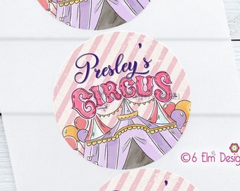 Pink and Purple Circus Tent 2" Gloss Sticker, Label for Circus Birthday or Baby Shower, pink carnival theme party