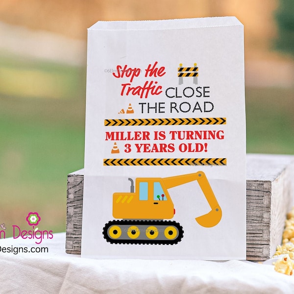 Construction Excavator Personalized Birthday Goodie Bags, Backhoe Bags Boys Party Favors