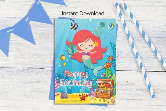 Printable Mermaid Happy Birthday Greeting Card Granddaughter Birthday Il_570xn